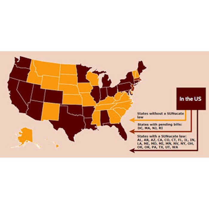 Map of states that have enacted sunscreen use in schools legilation