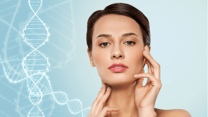 Woman touching face DNA behind her