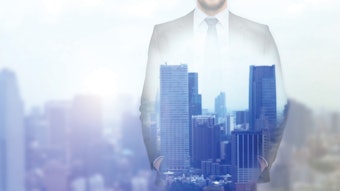 Man silhouette in city skyline