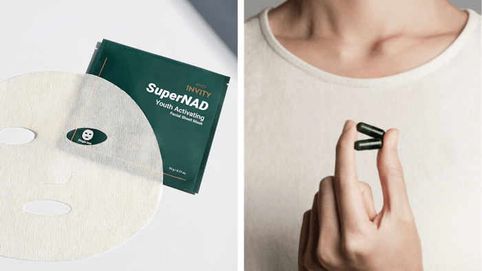 Invity's SuperNAD Youth Activating Facial Sheet Mask and Ultimate NMN 12000 dietary supplements aim to delay skin aging.