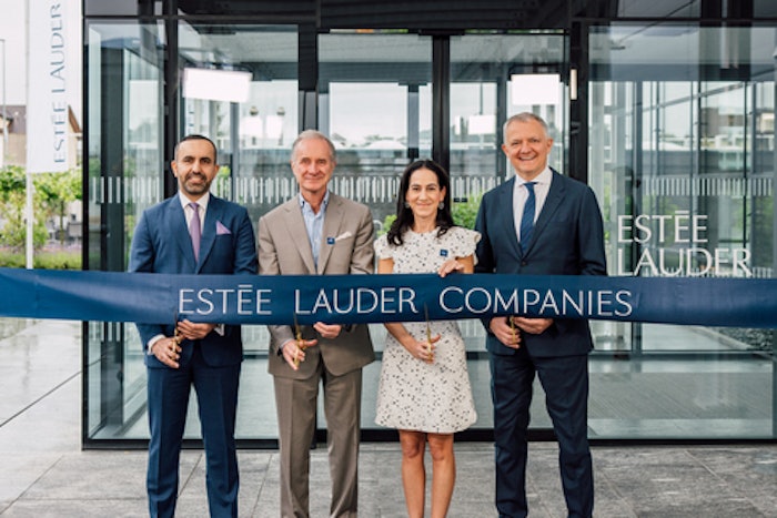 Umair Ansari, VP/GM, travel retail EMA, Fabrizio Freda, president and CEO, Jane Lauder, EVP, enterprise marketing and chief data officer, and Roberto Canevari, EVP, global supply chain cut the ribbon at the new Galgenen distribution center. (Photo: Business Wire)