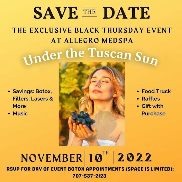 Allegro MedSpa to Hold Under the Tuscan Sun Black Thursday Event