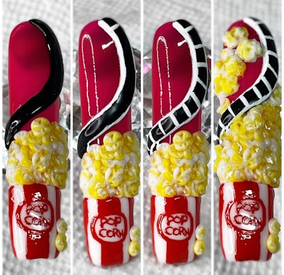 Dab on mixed yellow and white gel paints to create popcorn kernels