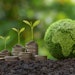 Green Globe with world map and stack of silver coins the seedlings are growing on top. Concept of Green business, finance and sustainability investment. Carbon credit.