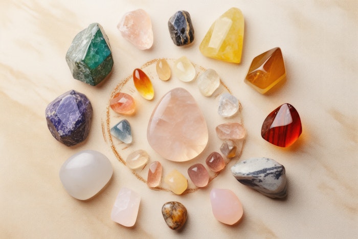 Reiki chakra crystals collection. Healing minerals for anti stress, positive energy flow and mindset balancing