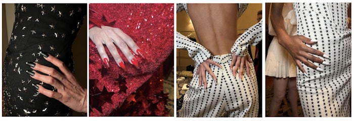 CND partnered with manicurist Julie Kandalec (@julieknailsnyc) to create five chic and bold nail for Christian Cowan S/S2024.