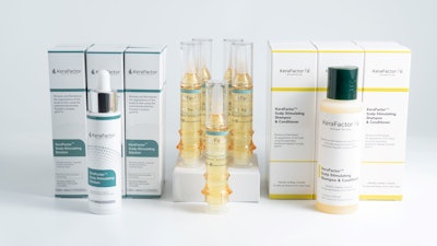 images of bottles in front of boxes containing KeraFactorMD treatment solution on the left, treatment serum in the middle and shampoo and conditioner on the right
