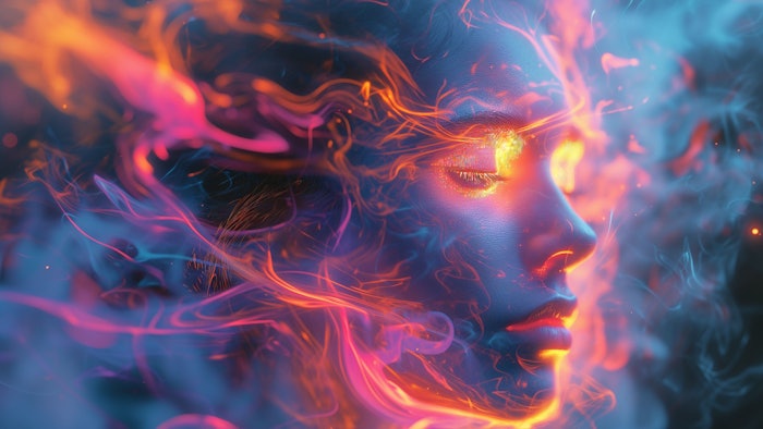 woman's face surrounded by bright streaks of orange and pink light wafting around her face, suggesting facial temperature or heat