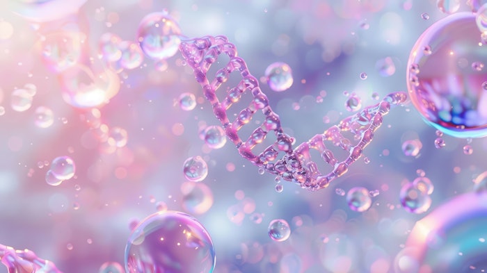 microscopic view of luminous serum droplets pearlescent spheres dna helixes radiant glow soft pastel background