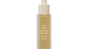 Photo of face serum bottle with Manuka Health logo on front.