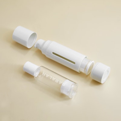 Baralan's Premium Re-charge System comprises a refillable plastic dispenser designed to fit two types of inner glass containers to suit makeup and skin care formulations.