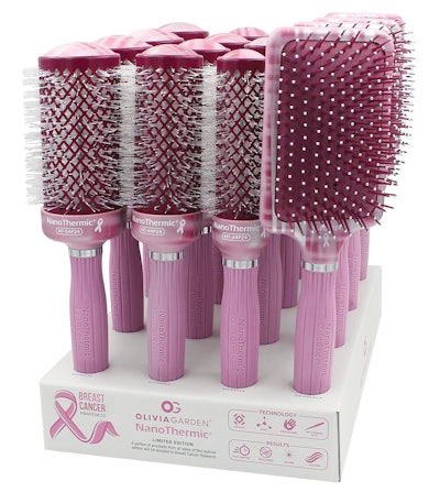 The 2024 Breast Cancer Awareness Brush Collection includes three NanoThermic round thermal brushes, available in 2 ⅛”, 1 ¾” and 1 ¼” and a large paddle brush.