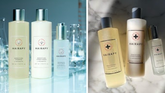 Photos of shampoo, conditioner and hair serum grouped together