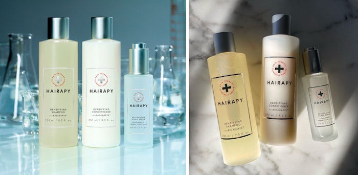 Photos of shampoo, conditioner and hair serum grouped together