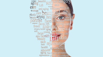 Beauty woman face with word on face showing cosmetology and aesthetic medicine concept. Advertising lifting face skin, on blue background