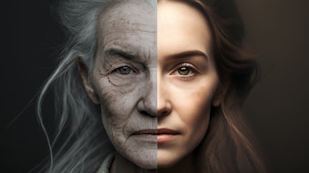 one face of human woman youth and old age .two parts of the face of life aging human comparison two halves.Generative AI