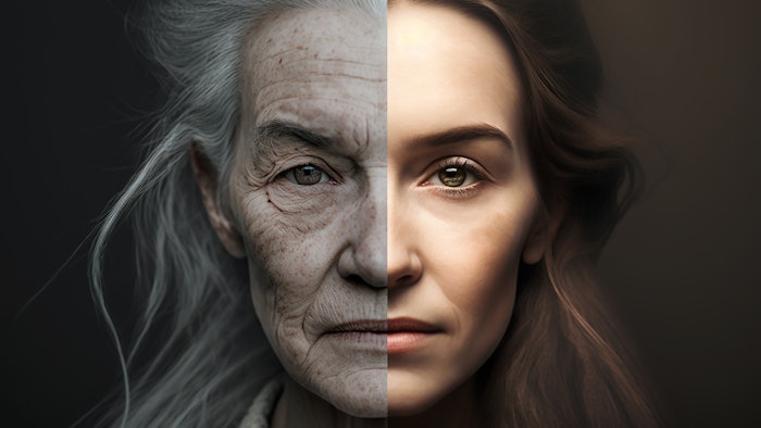 one face of human woman youth and old age .two parts of the face of life aging human comparison two halves.Generative AI