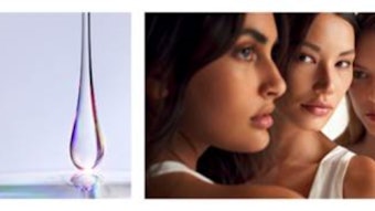 image of hyaluronic acid serum droplet against a purple background set next to a photo of three young women's faces of various ethnicities