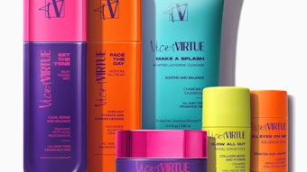 Photo of brightly colored skin care bottles showing different Vice & Virtue products