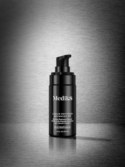 Medik8's newest launch, Liquid Peptides Advanced MP serum ($92, 30 ml) leverages a combination of bioengineered Dual MiniProteins that mimic neurtoxin treatments to smooth and firm the skin.