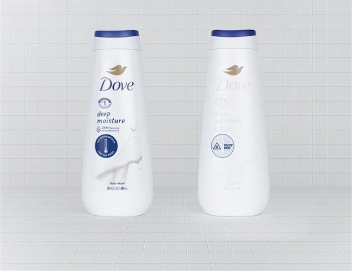Dove’s new Shower Sensor Body Wash bottle changes color to warn when water is too hot, helping protect your skin's natural moisture.