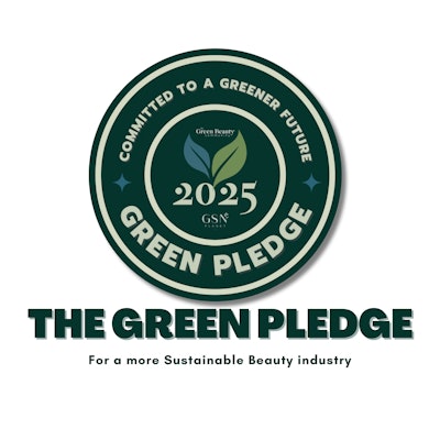 Green Pledge logo that reads 'Committed to a Greener Future' and The Green Pledge for a more Sustainable Beauty Industry