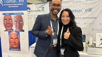 Founder, Kim Laudati (right), presenting SomaCell, the acoustic wave device that treats connective tissue in the face along with cellulite without heat.