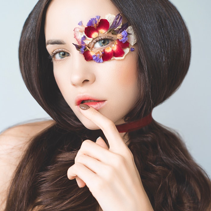 Woman Brunette Eye Floral Petals Unique Makeup Hair Tied With Ribbon In Front Adobe Stock 167268040