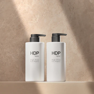 Aptar’s HDP all-plastic, high-dose dispensing pump features the market's shortest stack height at 15 mm, designed to maximize retail shelf presence while maintaining a 3.5 cc output for high-viscosity formulas.
