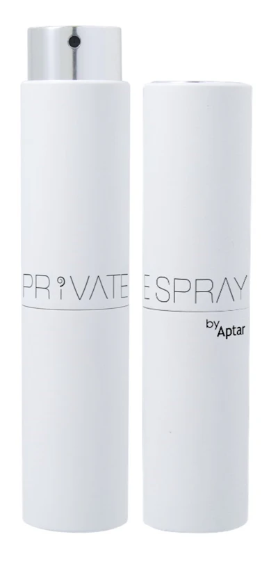 Aptar's Private Spray features a lipstick-style twist mechanism housed in an aluminum casing that reveals a glass vial with a 31 MSC fragrance pump.