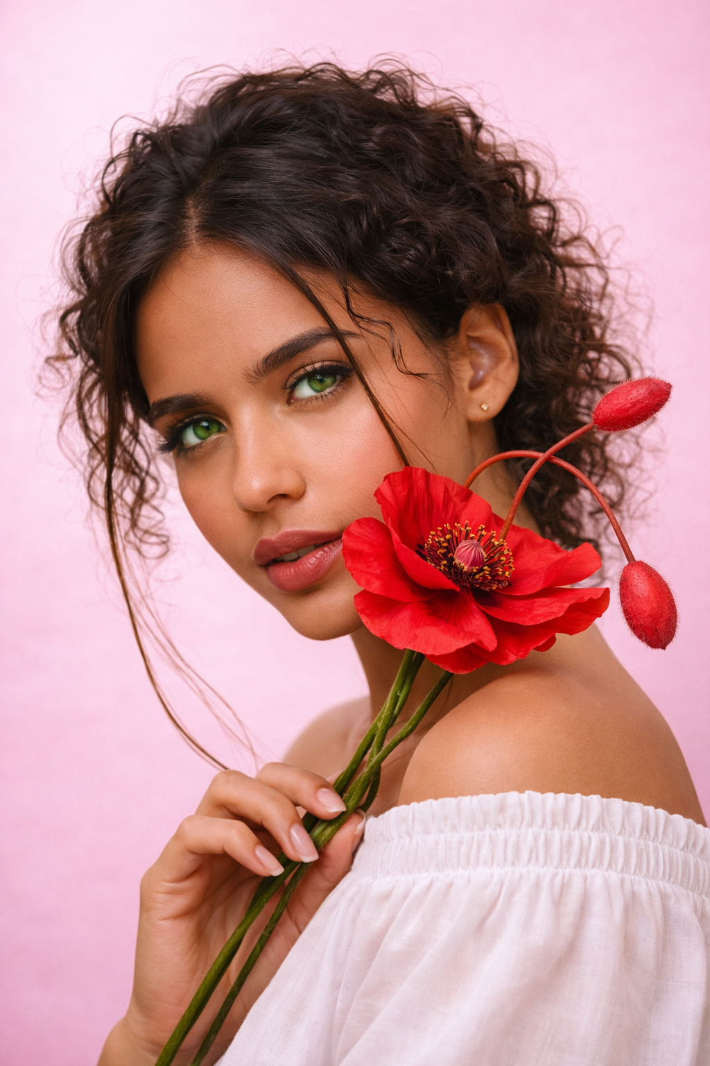 Rona Care Poppy Se Woman Holding Flower Curly Hair