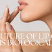 Woman touching her lips with text 'The Future of Lip Care is Biological'