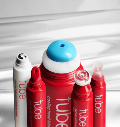 Tube options in the collection include a Cooling Head Tube (80 ml), Tube with Lip Applicator (10 ml), Tube with Lip Applicator (5 ml) and Click 2-in-1 Tube Roller & Slanted Lip (10 ml x 2).