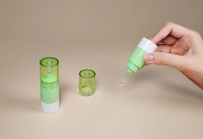 ICONS America's Airless Push Button Dropper in 10 ml and 15 ml sizes is designed for one-handed dispensing across multiple formulation types.