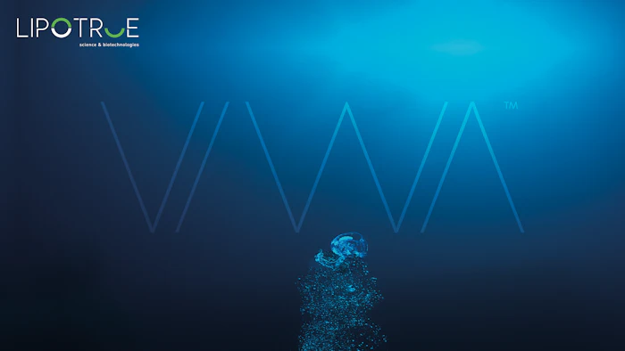 LIPOTRUE logo with cosmetic and biotechnology tagline on blue gradient background