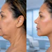 Before and after profile comparison showing facial contouring results in a clinical setting