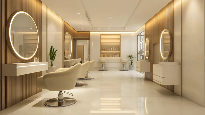 Luxury salon interior with illuminated mirrors, wood paneling, styling stations, and modern minimalist design