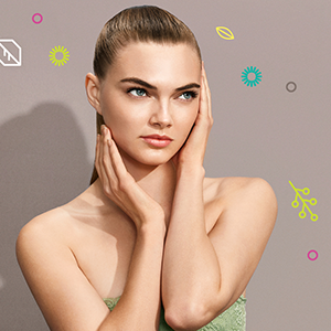 Woman with blonde hair touching her face, displaying skincare or beauty product advertisement with decorative icons