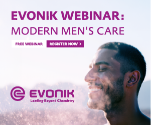 Evonik webinar advertisement for Modern Men's Care featuring male model and register button