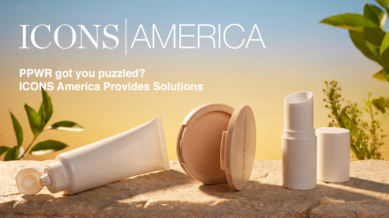 Skincare and cosmetics product collection displayed on sand with green foliage and natural lighting