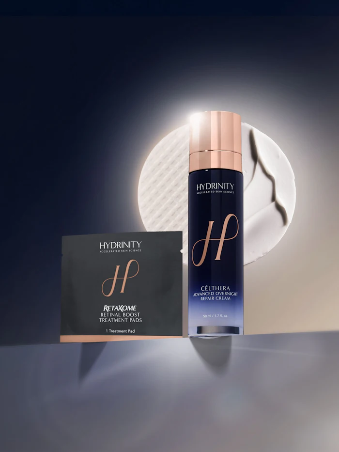 HYDRINITY skincare products featuring Retaxome retinol treatment pads and Celithera advanced overnight repair cream with rose gold and navy packaging