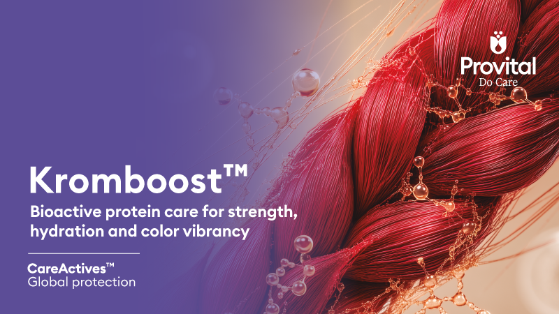 Provital Kromboost bioactive protein care product advertisement with red muscle fibers and water droplets on purple gradient background