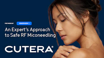 Woman with glowing skin looking downward, promoting Cutera's RF microneedling webcast