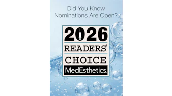 2026 Readers' Choice MedEsthetics award nomination badge with syringe icon on water background