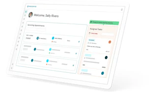 Prospero dashboard showing welcome message for Sally Rivers with upcoming appointments and assigned tasks interface