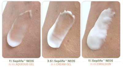 Three skincare product swatches showing Sepilife NEOS formulations: 1% in aqueous gel, 3.5% in cream gel, and 1% in emulsion applied to skin