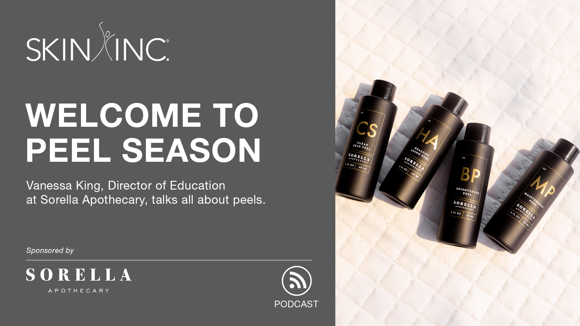 Skinkinc and Sorella Apothecary peel season podcast featuring four black skincare bottles with gold accents and educational content by Vanessa King