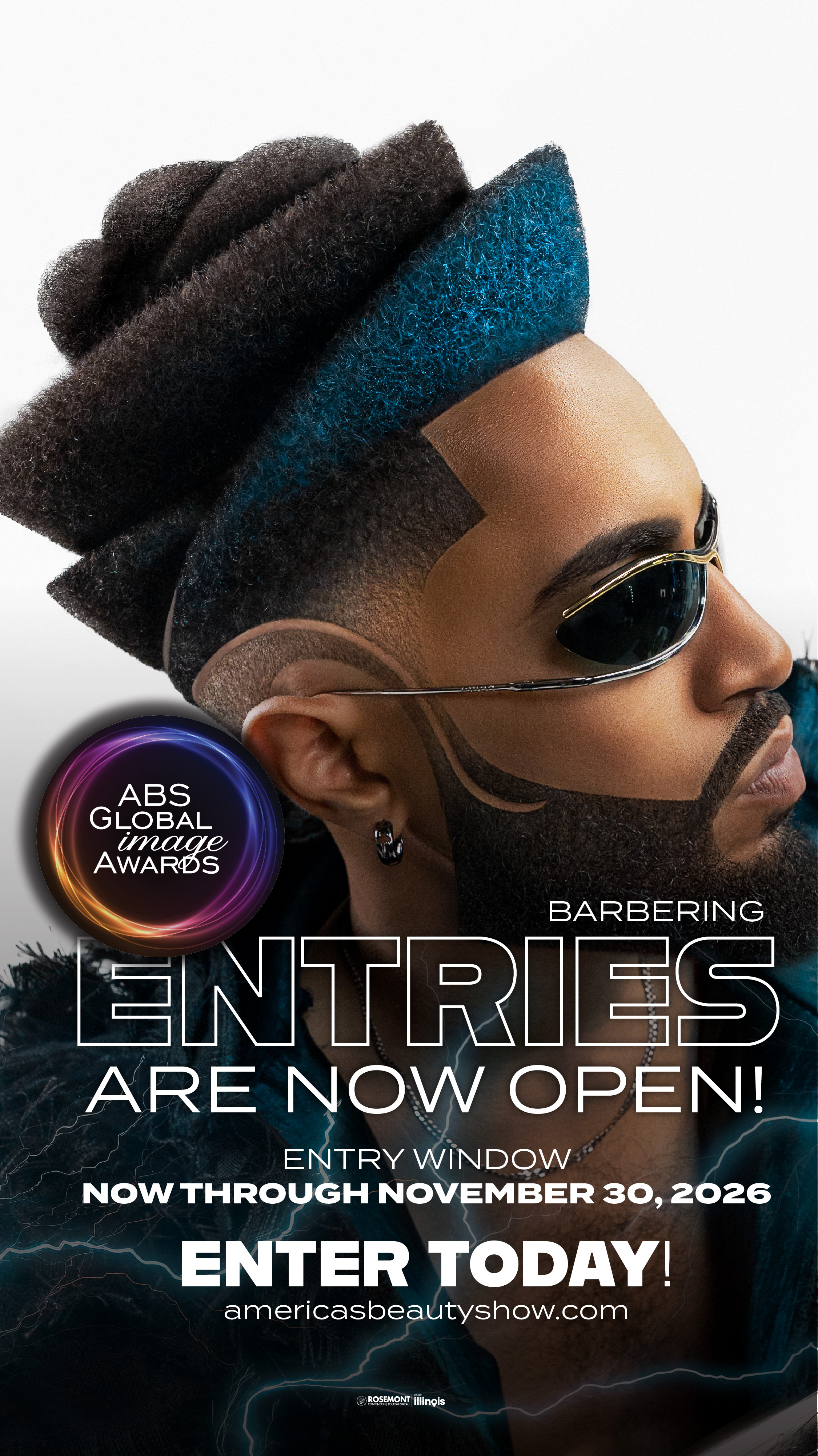 Barbering competition promotional poster featuring styled male model with textured hair and sunglasses, announcing ABS Global Image Awards entries open through November 30, 2026