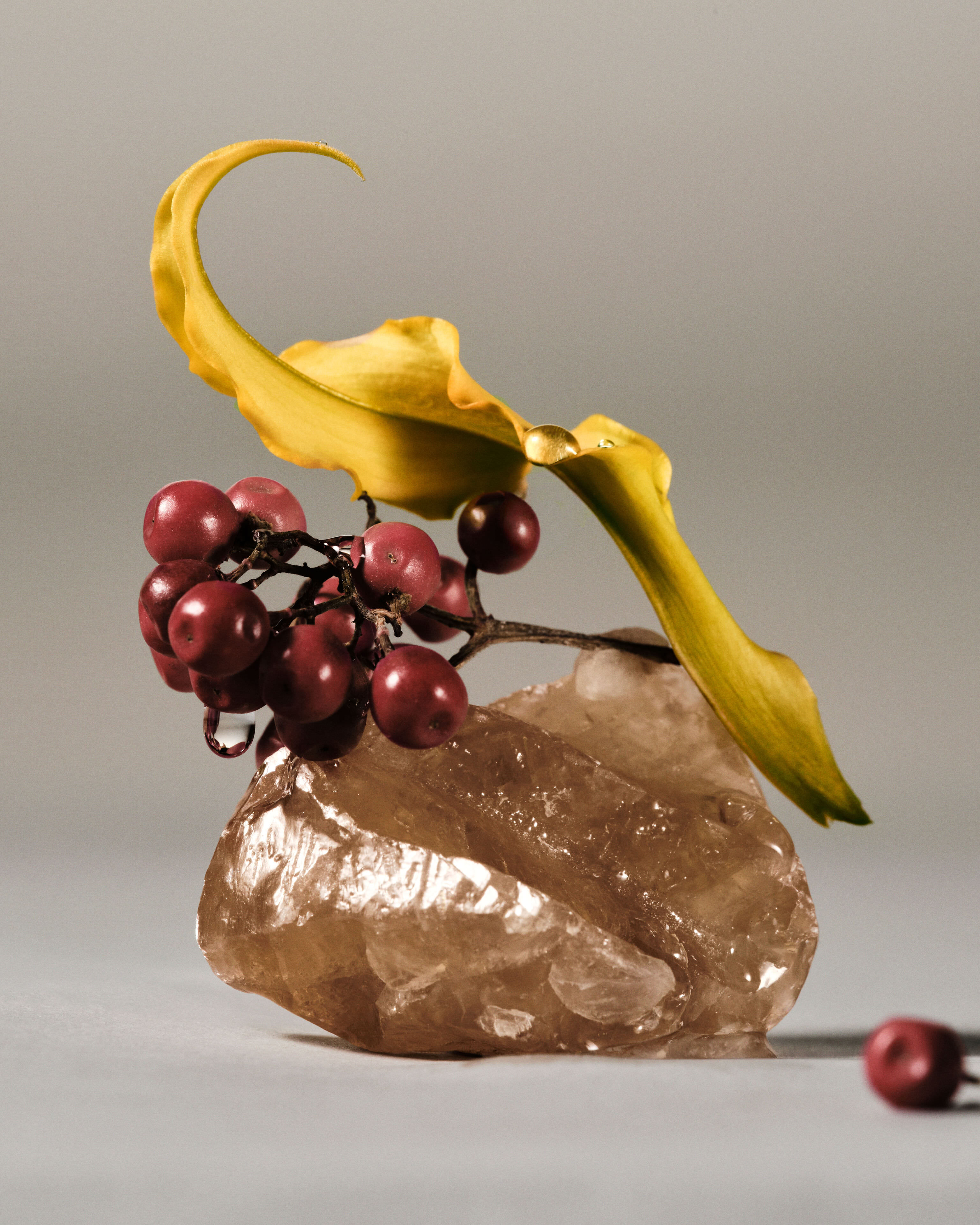 Yellow banana peel and red rowan berries arranged on a textured stone against gray background