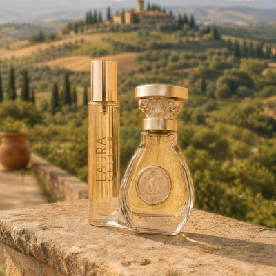 Two luxury fragrance bottles displayed on stone overlooking Tuscan countryside with cypress trees and villa